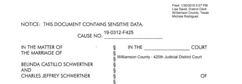 On Jan. 30, Sen. Charles Schwertner's wife filed for divorce in Williamson County.