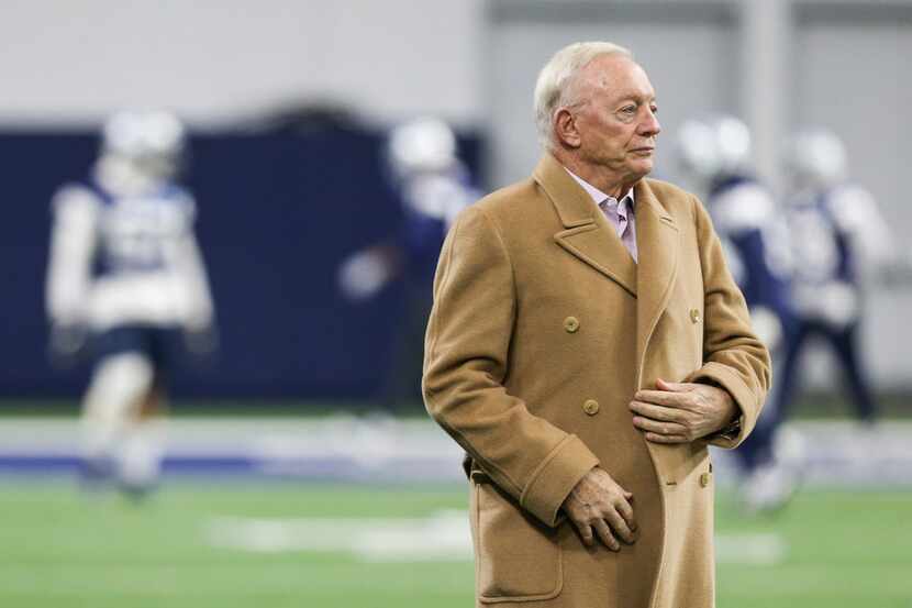 Dallas Cowboys Owner Jerry Jones watches during a Cowboys practice Thursday, Jan. 3, 2019 at...