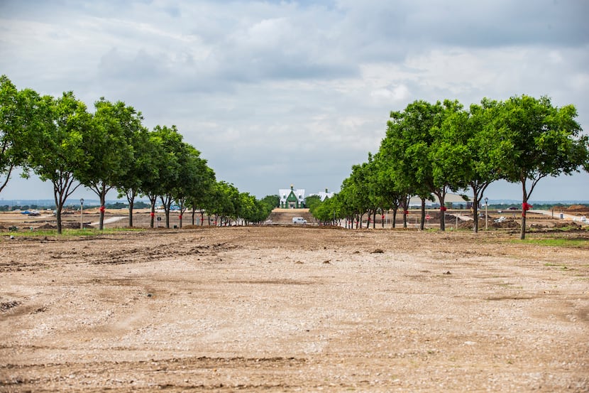 The view of Jackson Hall from the community entry includes rows of pecan trees. The...