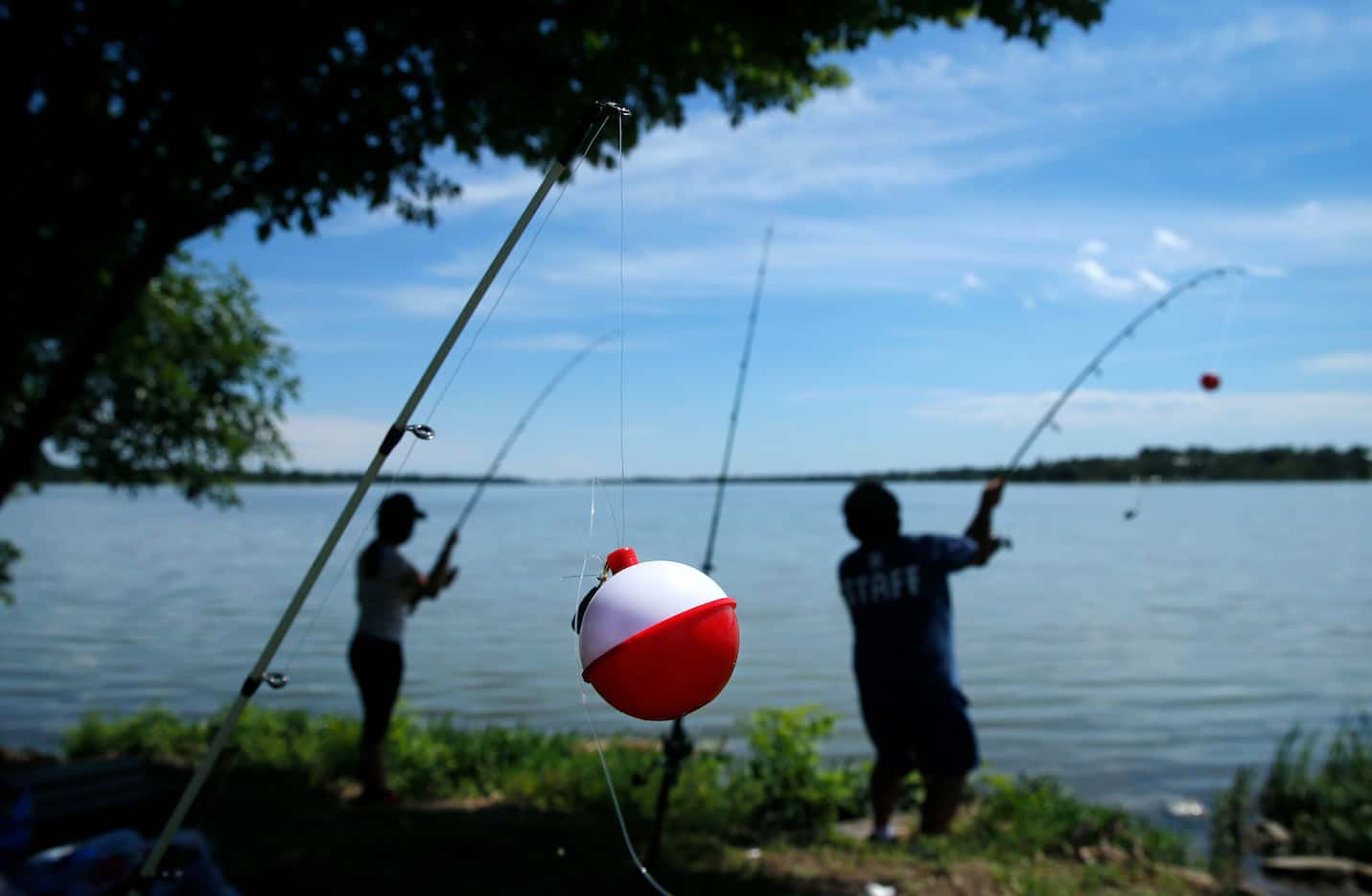 Oscar Resendiz of Dallas casts his line at White Rock Lake in Dallas as he fishes with his...