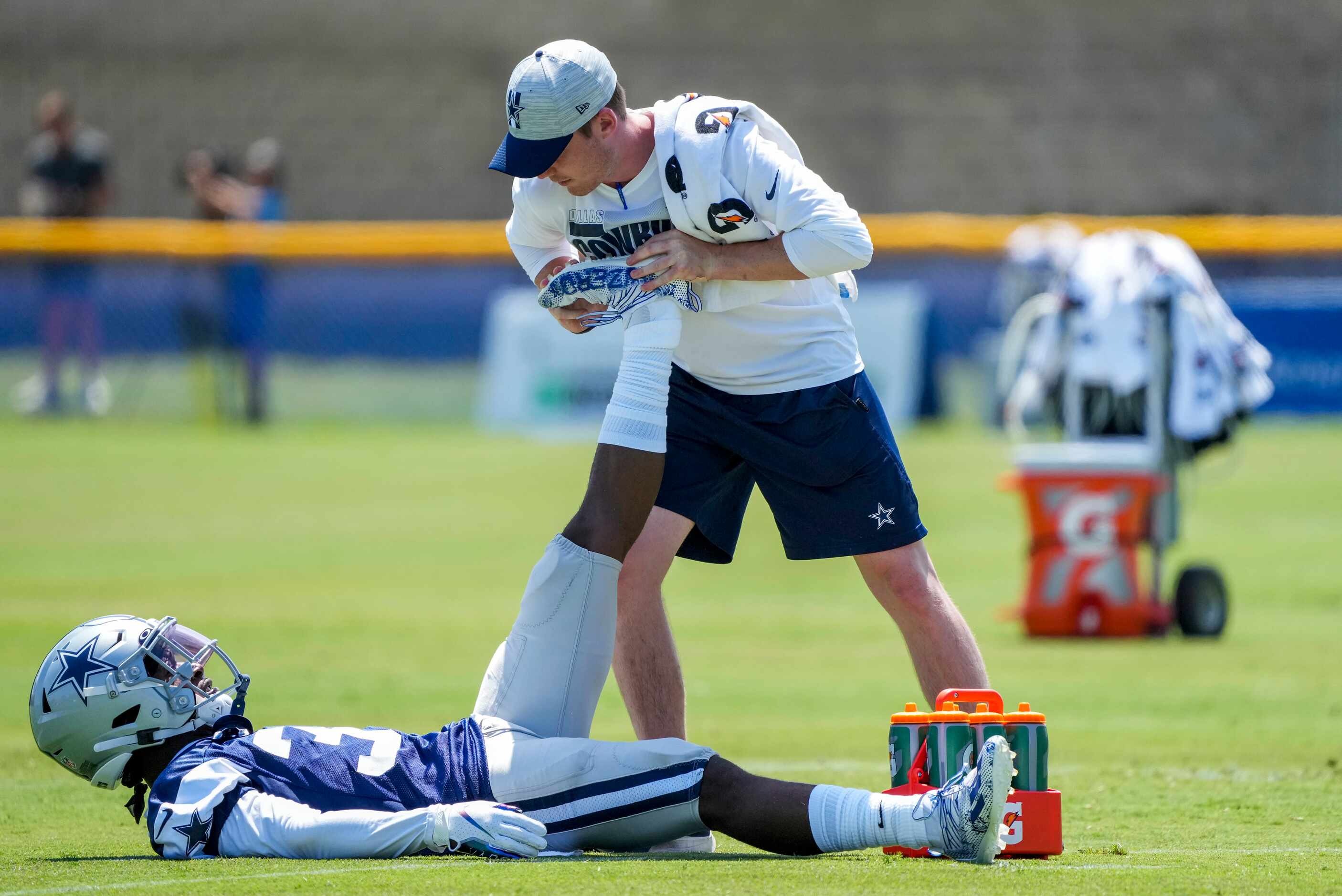 Dallas Cowboys safety Damontae Kazee (35) stretches between drills during the first practice...