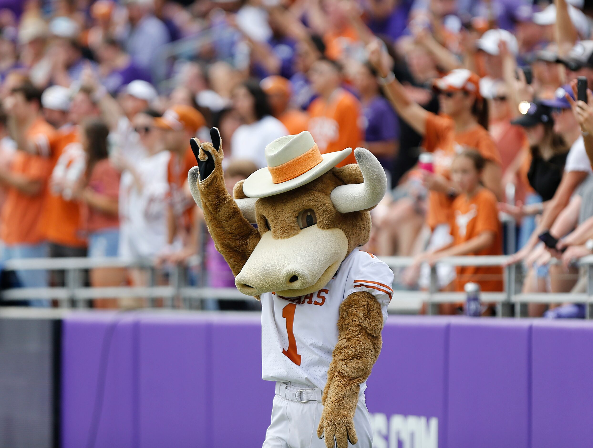 Texas Longhorns fans celebrate a lead late during the second half as the TCU Horned Frogs...