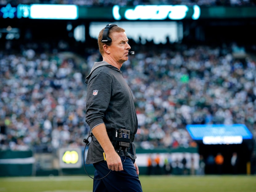 Dallas Cowboys head coach Jason Garrett watches his team play the New York Jets during the...