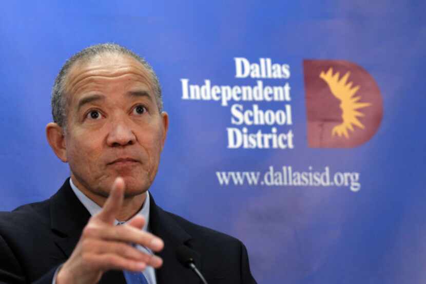 DISD superintendent Mike Miles holds a news conference at Dallas ISD administration building...