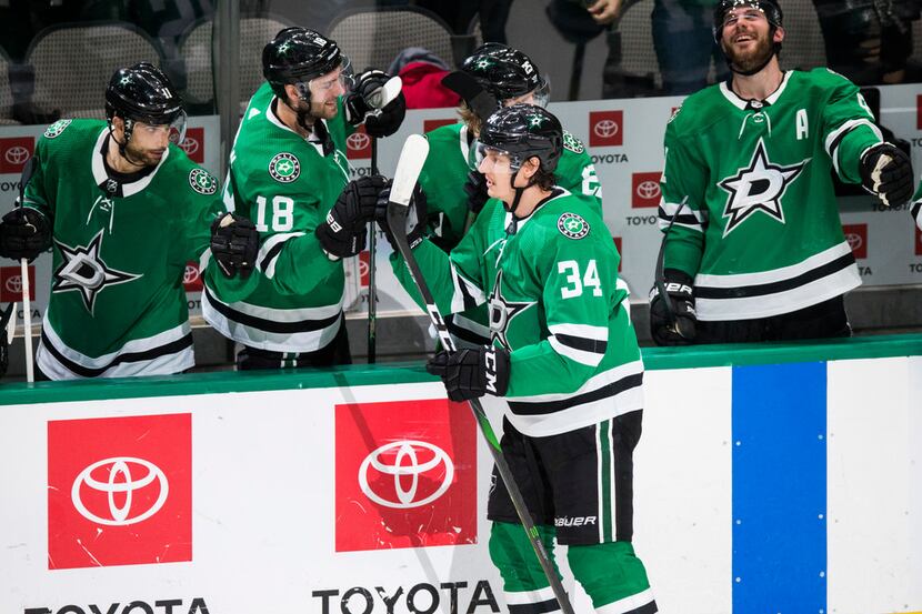 Dallas Stars right wing Denis Gurianov (34) celebrates a goal during the second period of an...