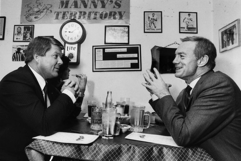 Feb. 24, 1989: University of Miami coach Jimmy Johnson, left, and Arkansas oilman Jerry...