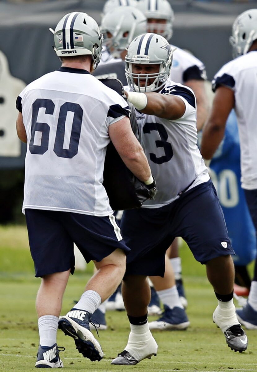 Dallas Cowboys center Joe Looney (73) goes up against center Jake Brendel during OTA's...