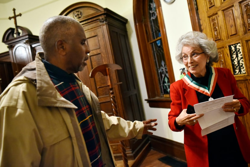 Alice Hernandez, 76, a member of a Guadalupana catholic society since 1970, speaks with...