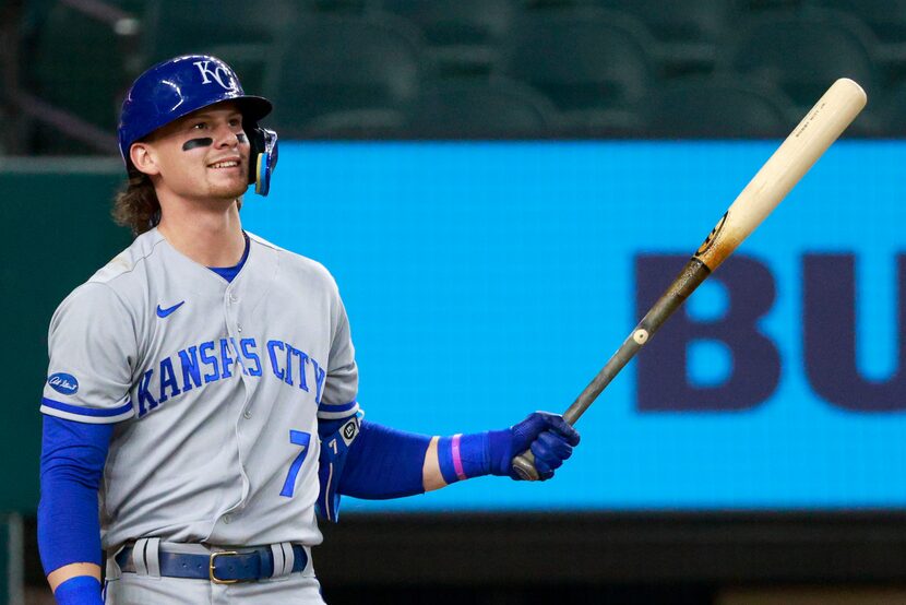 Kansas City Royals shortstop Bobby Witt Jr. (7) reacts after being striking out against...