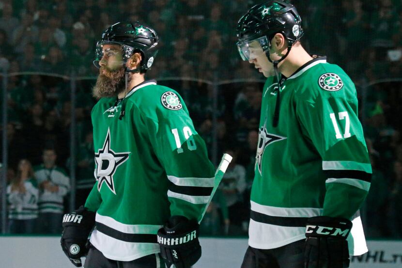 Dallas Stars right wing Patrick Eaves (18) and center Devin Shore (17) are pictured during...