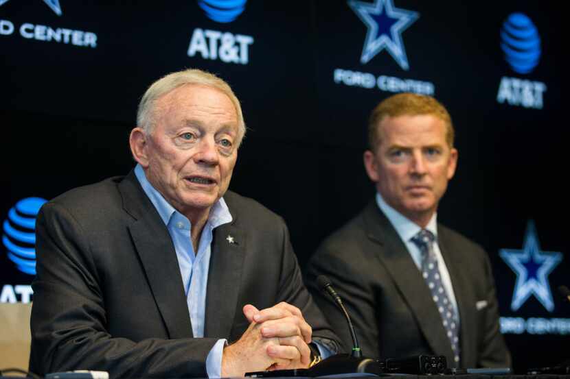 Dallas Cowboys owner Jerry Jones and head coach Jason Garrett answer questions from...