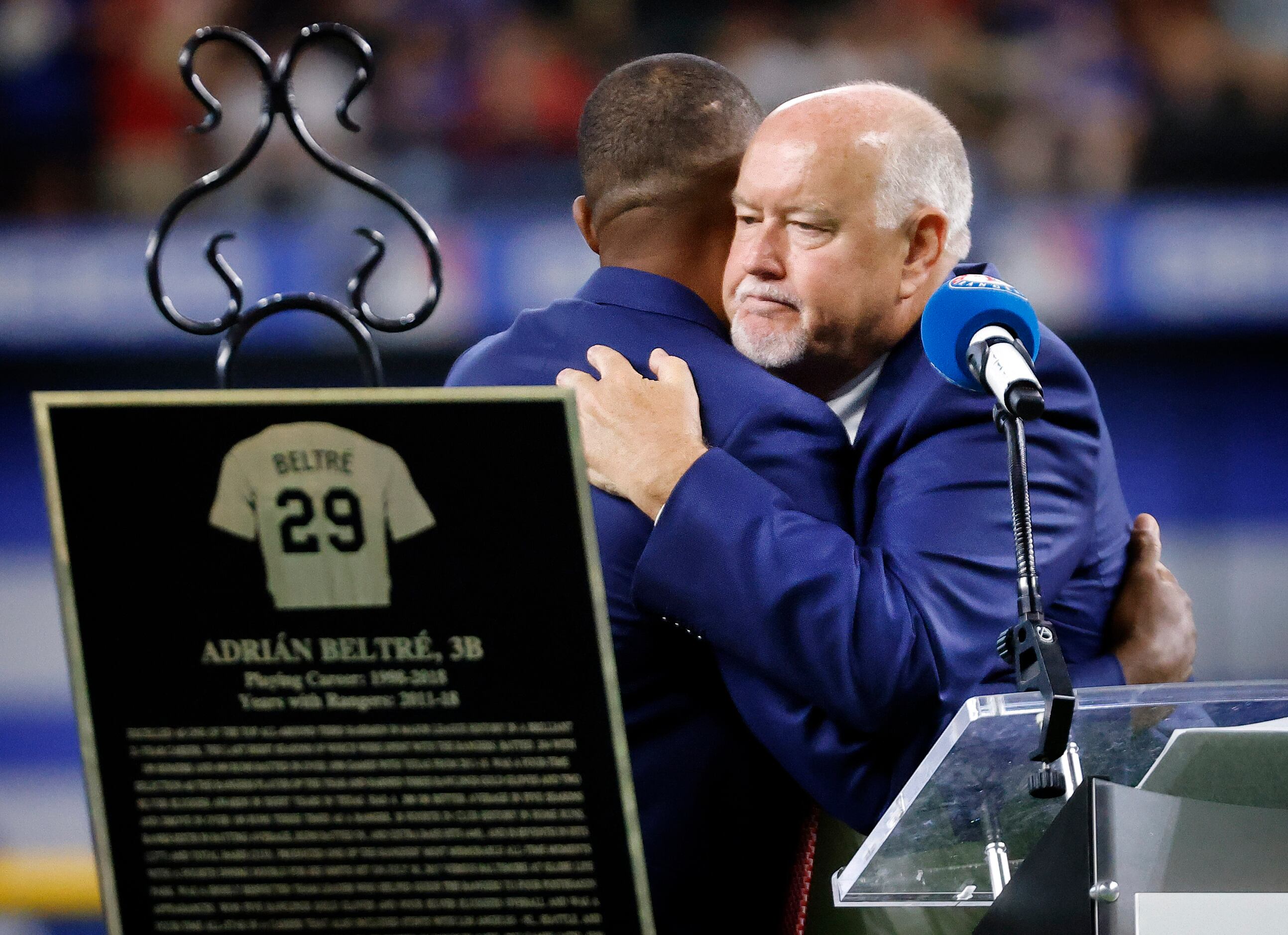 Adrian Beltre inducted into Rangers Hall of Fame with PA man Chuck Morgan