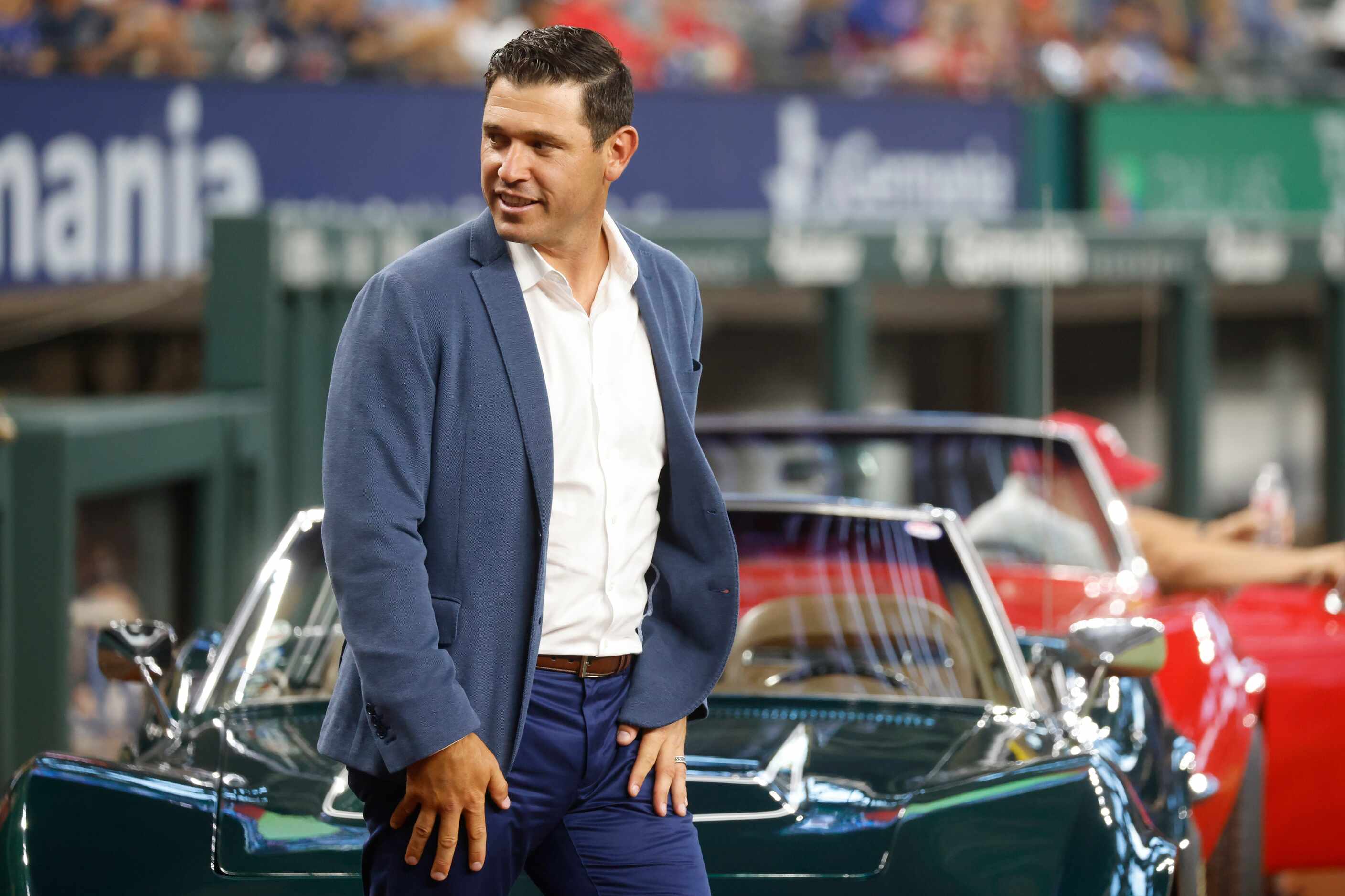 Former Texas Ranger Ian Kinsler arrives at the induction ceremony at Globe Life Field in...