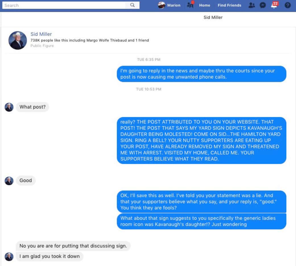 Screenshots of a Facebook conversation between Marion Stanford and agriculture commissioner...