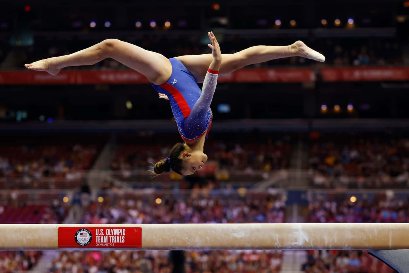 Emma Malabuyo of Texas Dreams competes on the balance beam during day 1 of the women's 2021...