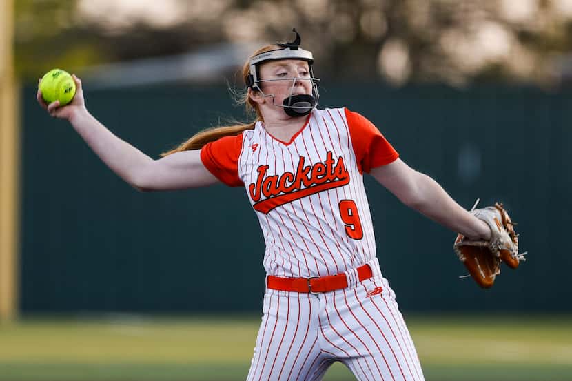Rockwall starting pitcher Ainsley Pemberton throws during the first inning of a district...
