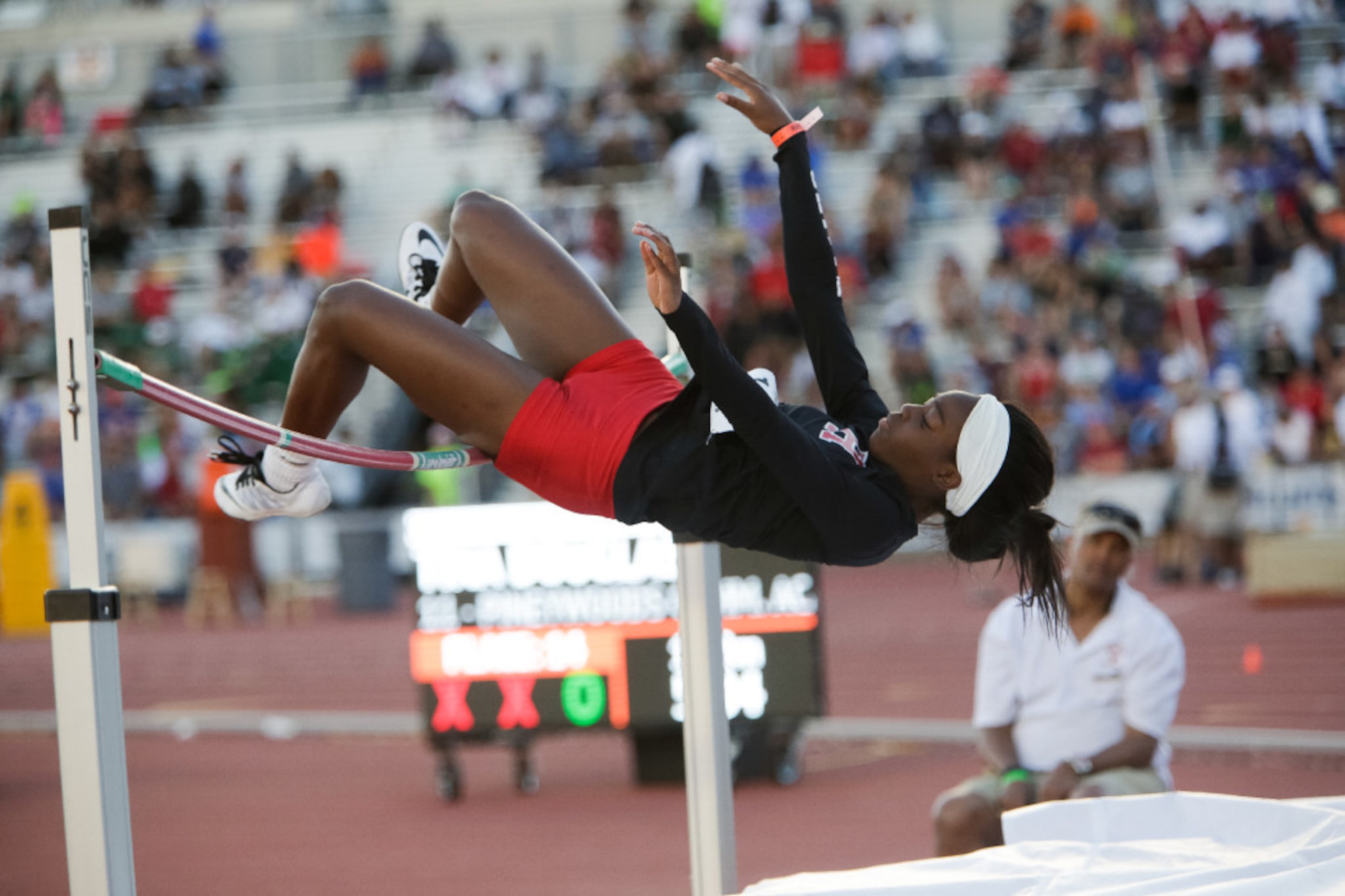 Rockwall Heath's Bomi Ogunlari knocks the bar during the girls high jump at the 2017 Texas...