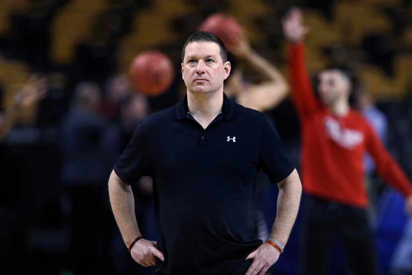 Texas Tech head coach Chris Beard watches his players during practice at the NCAA men's...