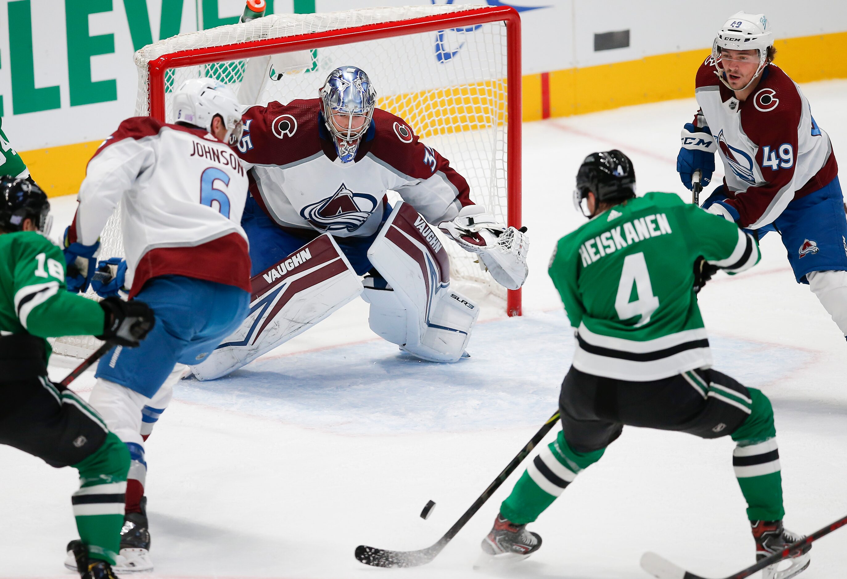 Dallas Stars defenseman Miro Heiskanen (4) attempts a shot as Colorado Avalanche goaltender...