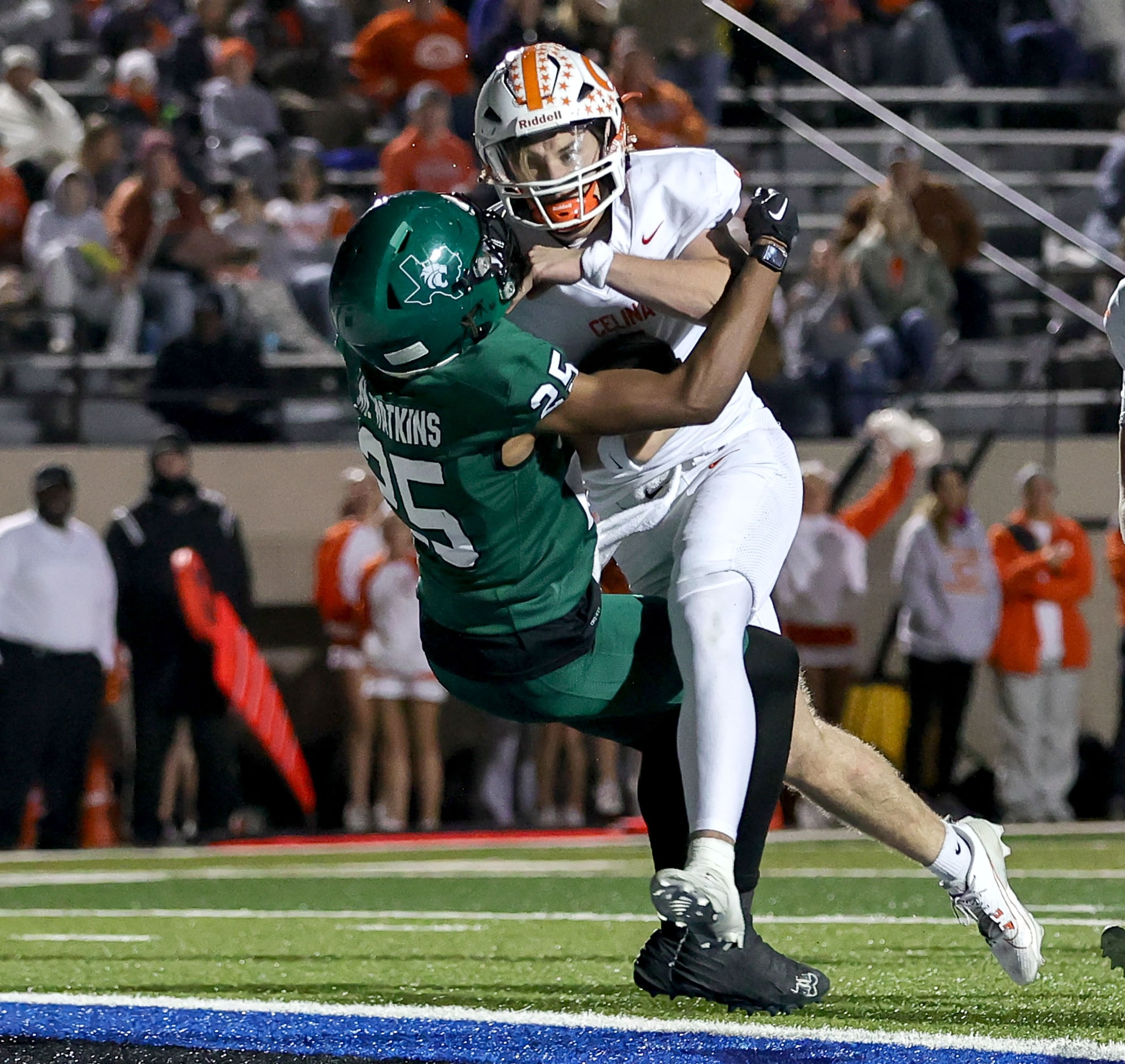 Celina quarterback Bowe Bentley (1) pushes his way into the endzone against Kennedale safety...