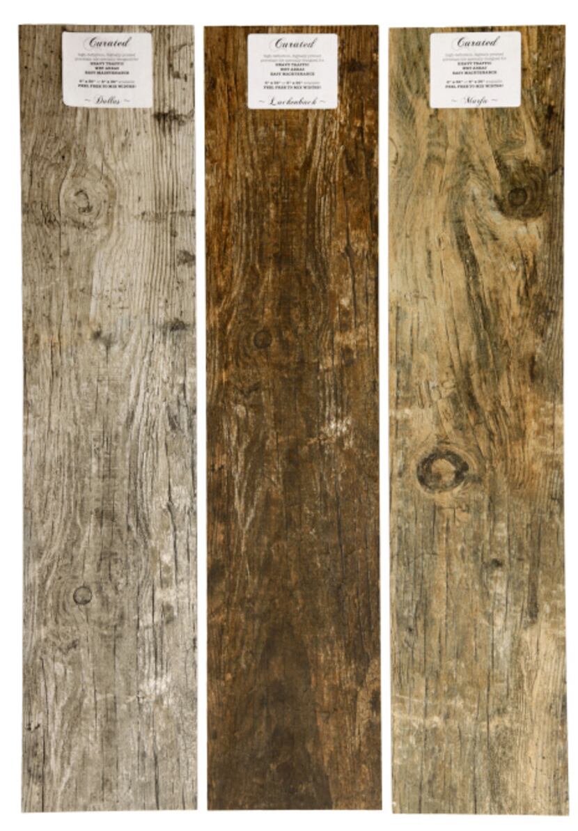 These faux-wood floor tiles are named in Dallas, Marfa and Luckenbach and cost $5.40 per...