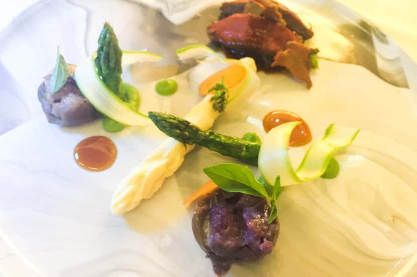 Morita-agave barbecued confit and breast of squab with asparagus variations, apricot and...