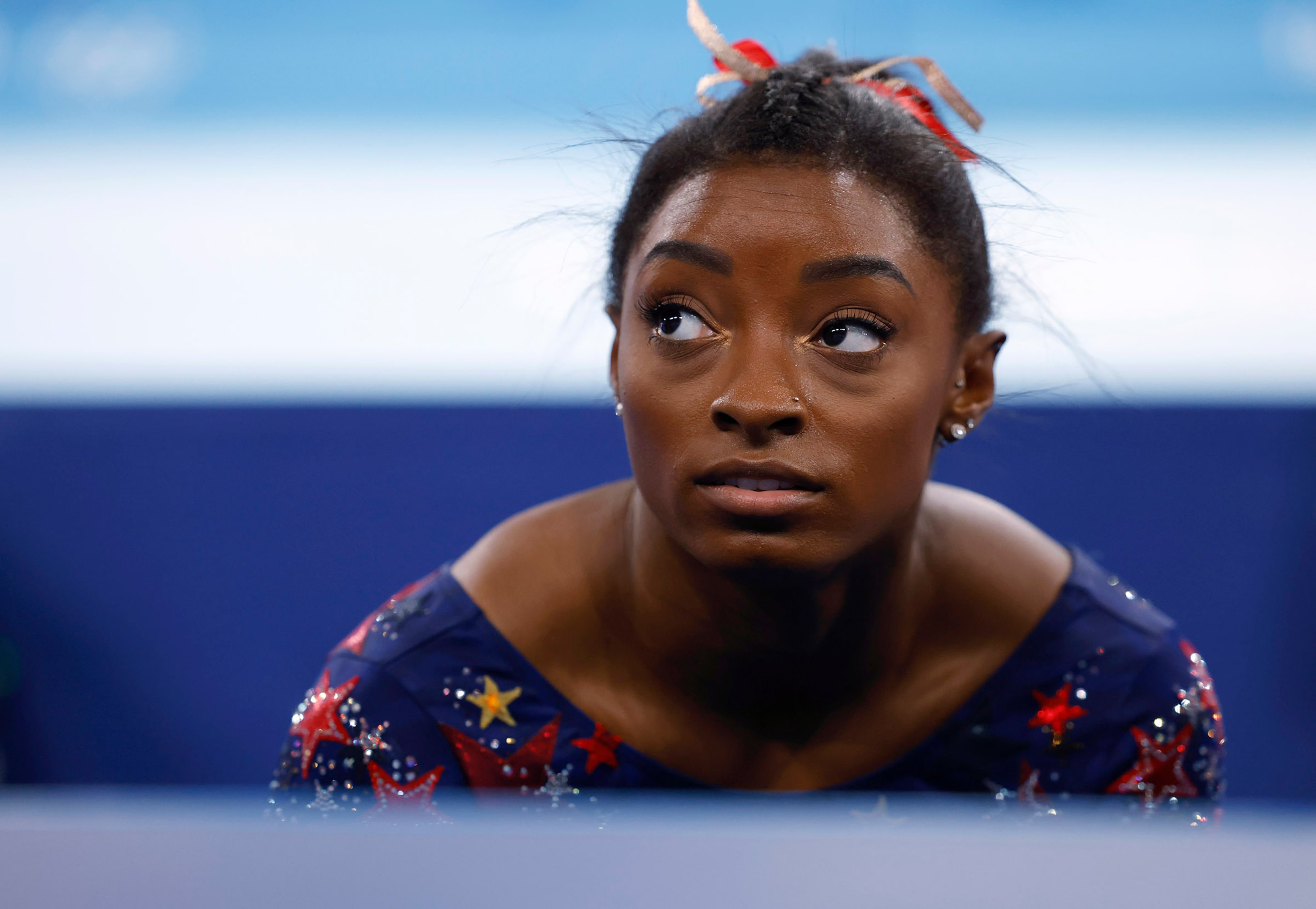 USA’s Simone Biles after competing on the balance beam 
in a women’s gymnastics event during...