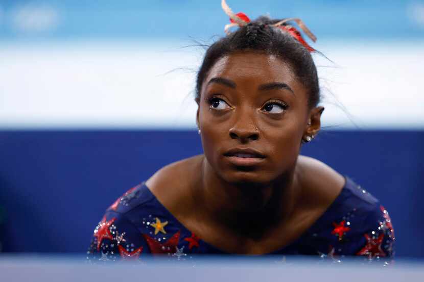 USA’s Simone Biles after competing on the balance beam in a women’s gymnastics event during...