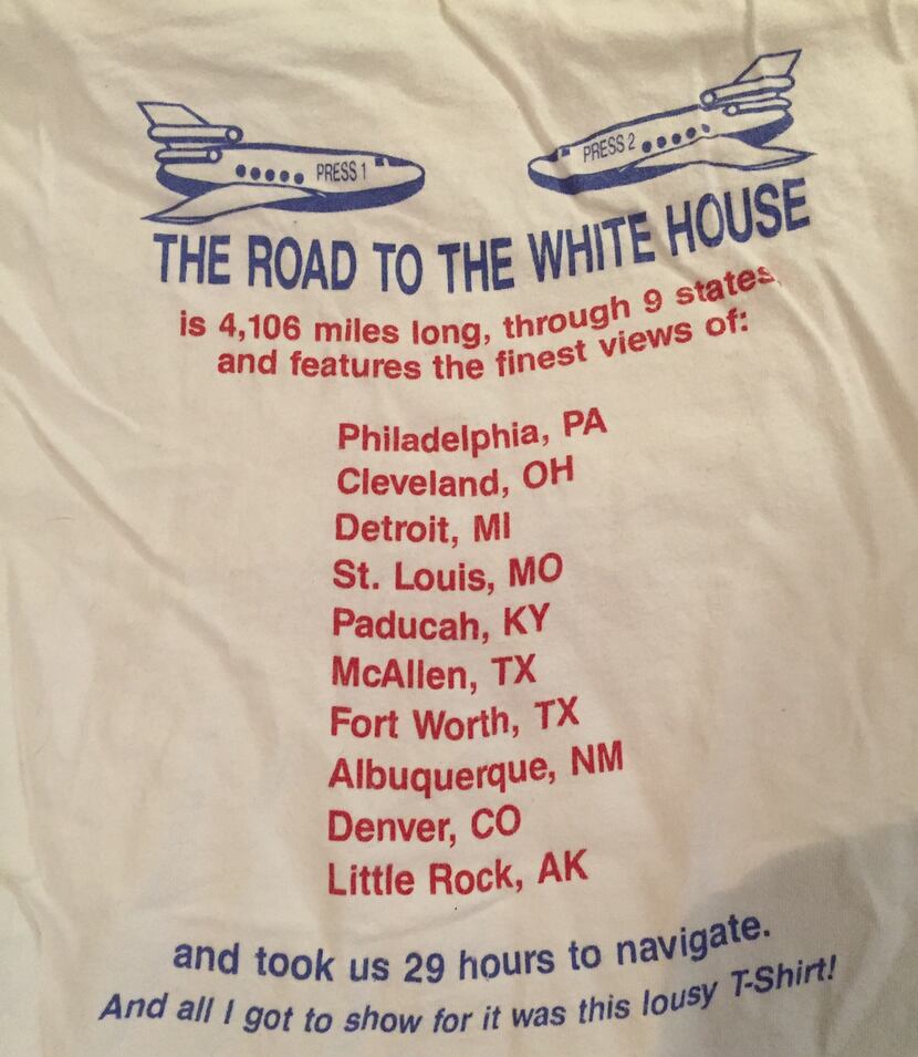 The back of the t-shirt shows the route the Clinton-Gore campaign took during its final 48...