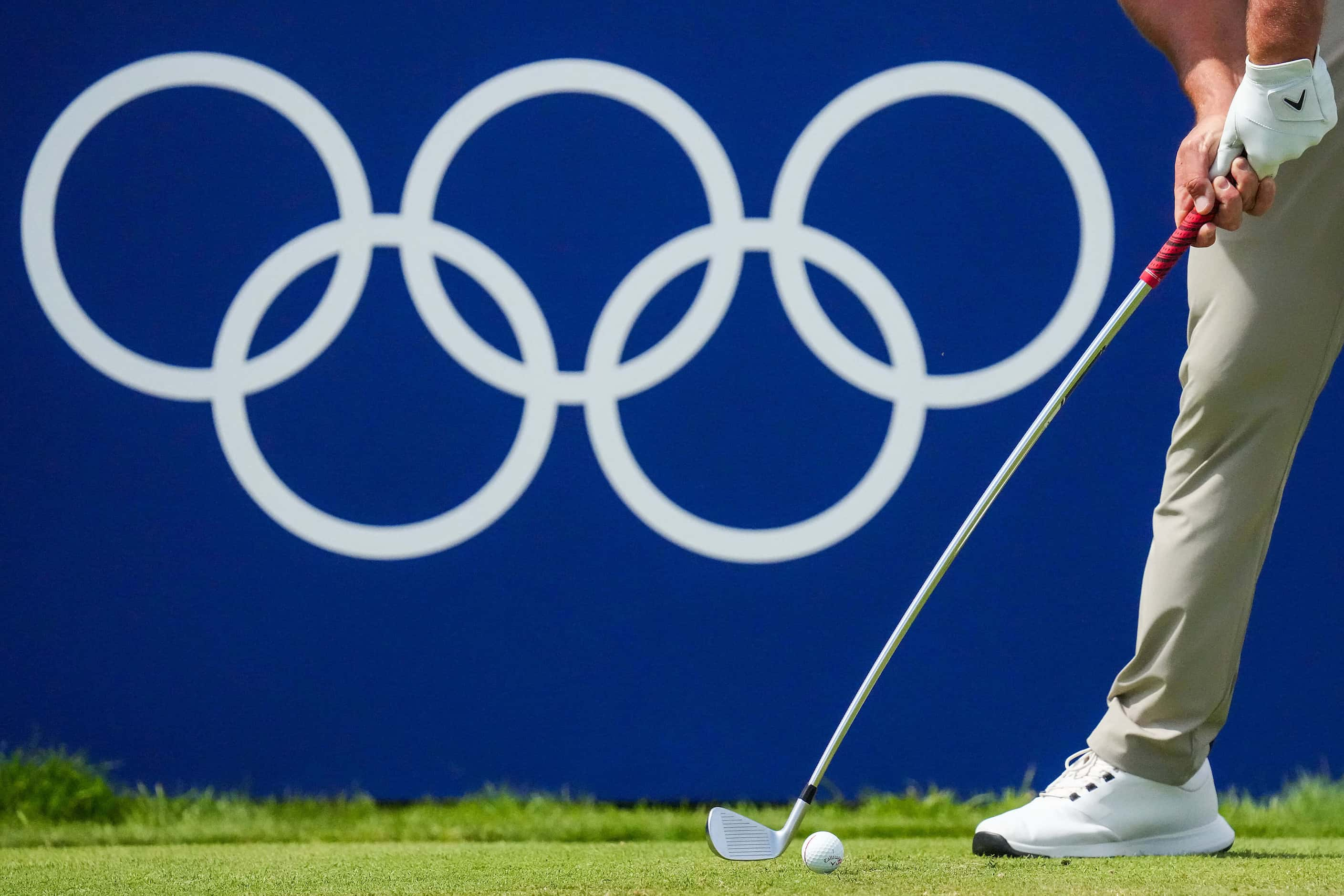 Jon Rahm of Spain hits from the 10th tee during the final round of men's golf at the 2024...