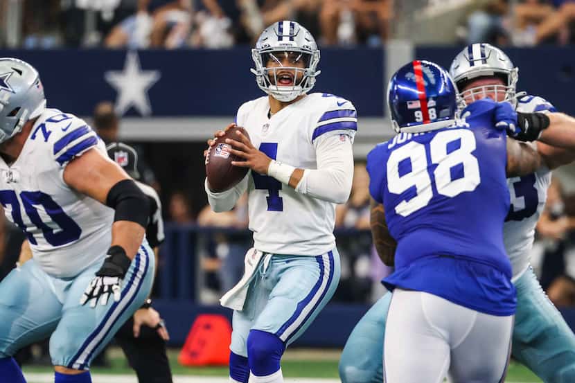 Dallas Cowboys' quarterback Dak Prescott (4) during the first half of the game against New...