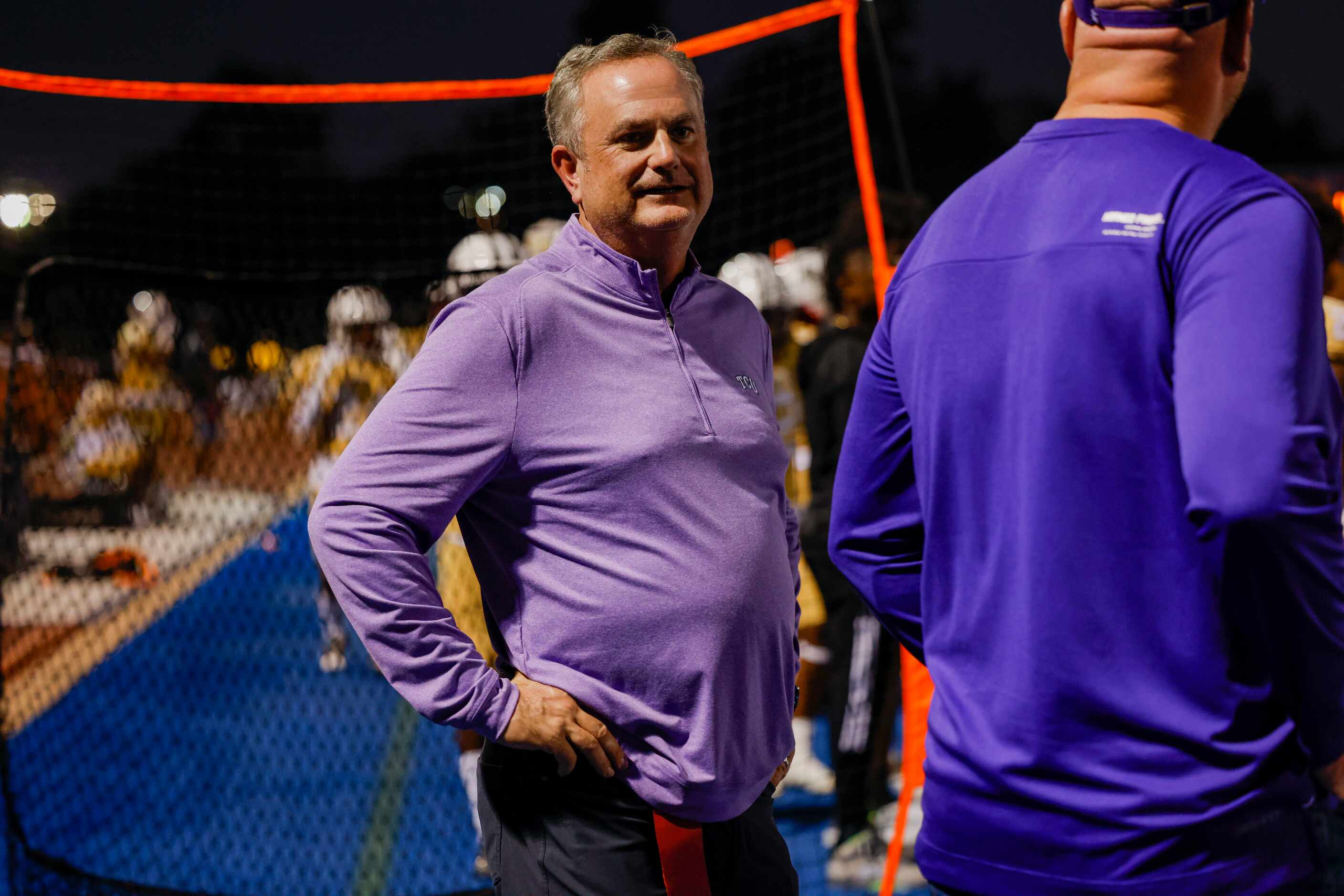TCU head coach Sonny Dykes watches from the sidelines during the first quarter of the South...