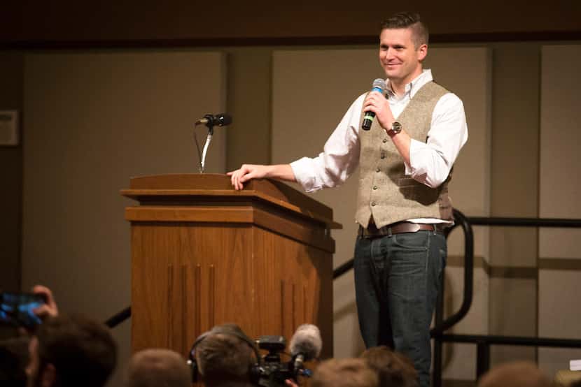 Richard Spencer speaks at the Memorial Student Center at Texas A&M University on Dec. 6 in...