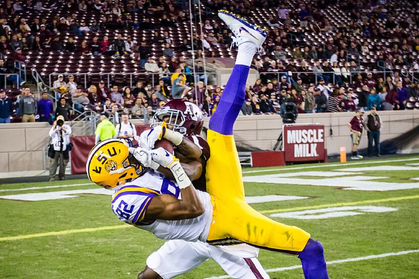 LSU wide receiver D.J. Chark (82) can't come down in bounds with a pass as Texas A&M...