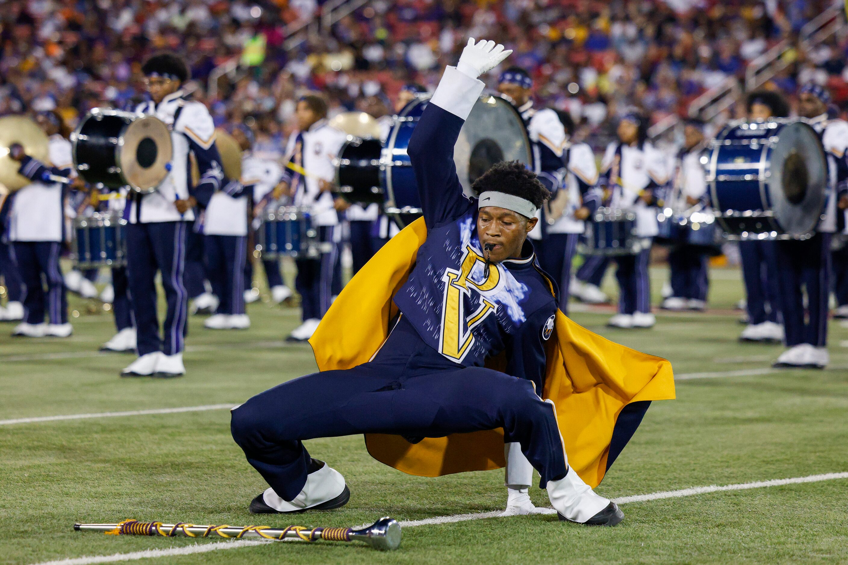 Prairie View A&M’s Marching Storm Band performs during halftime of an NCAA football game...