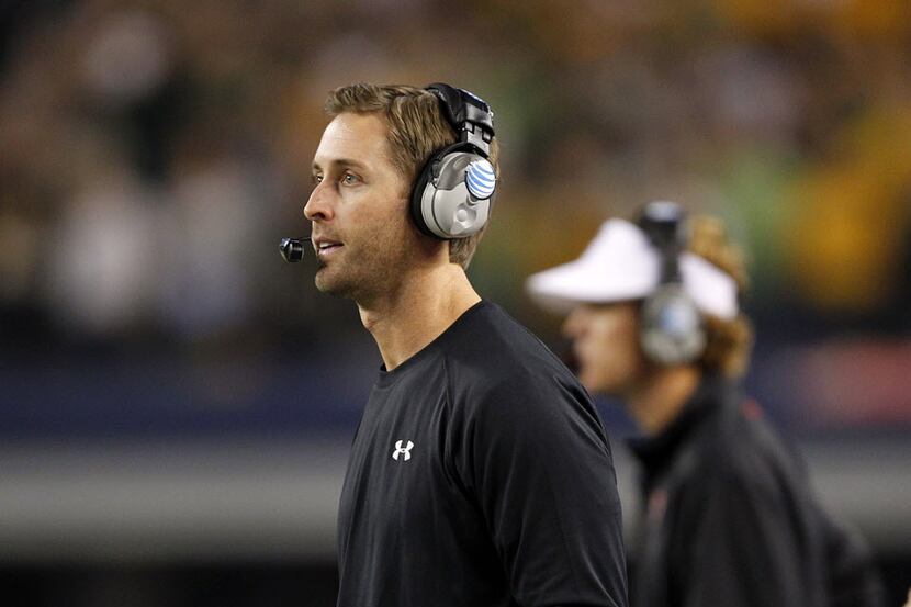 Texas Tech Red Raiders head coach Kliff Kingsbury watches his team face the Baylor Bears in...