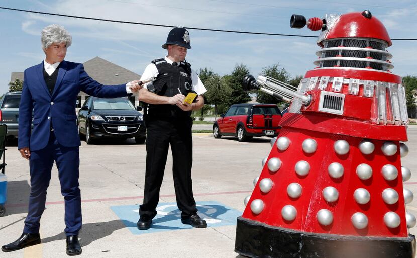 Nicholas Woody, 14, left, dressed as the 12th Doctor, and Glenn Wilson, dressed as a British...