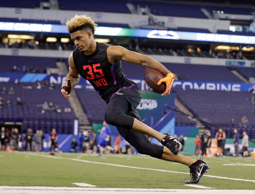 Notre Dame wide receiver Equanimeous St Brown runs a drill during the NFL football scouting...