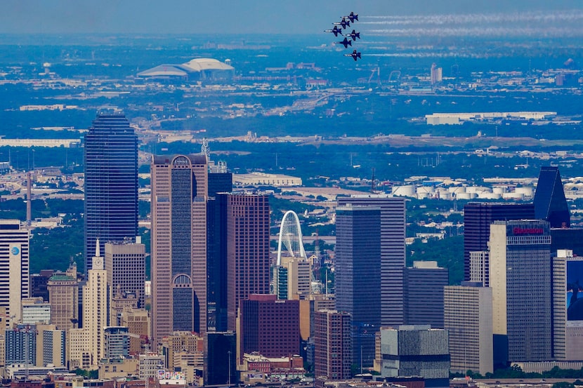 The Navy Blue Angels flew over downtown Dallas on May 6, 2020. 