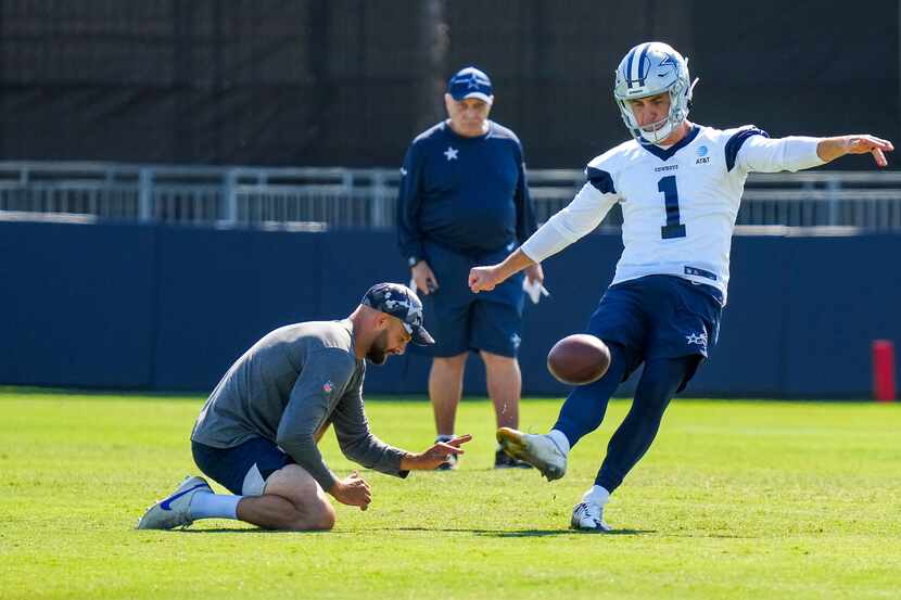 Dallas Cowboys kicker Brandon Aubrey (1) kicks a field goal during a training camp practice...