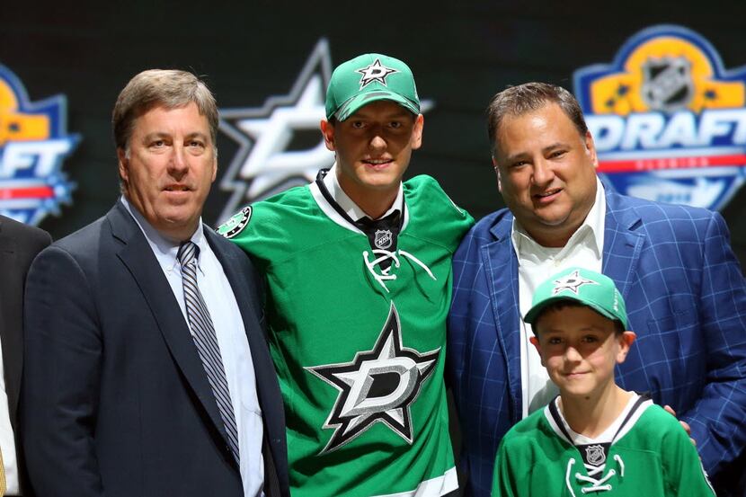 SUNRISE, FL - JUNE 26:  Denis Gurianov poses after being selected 12th overall by the Dallas...