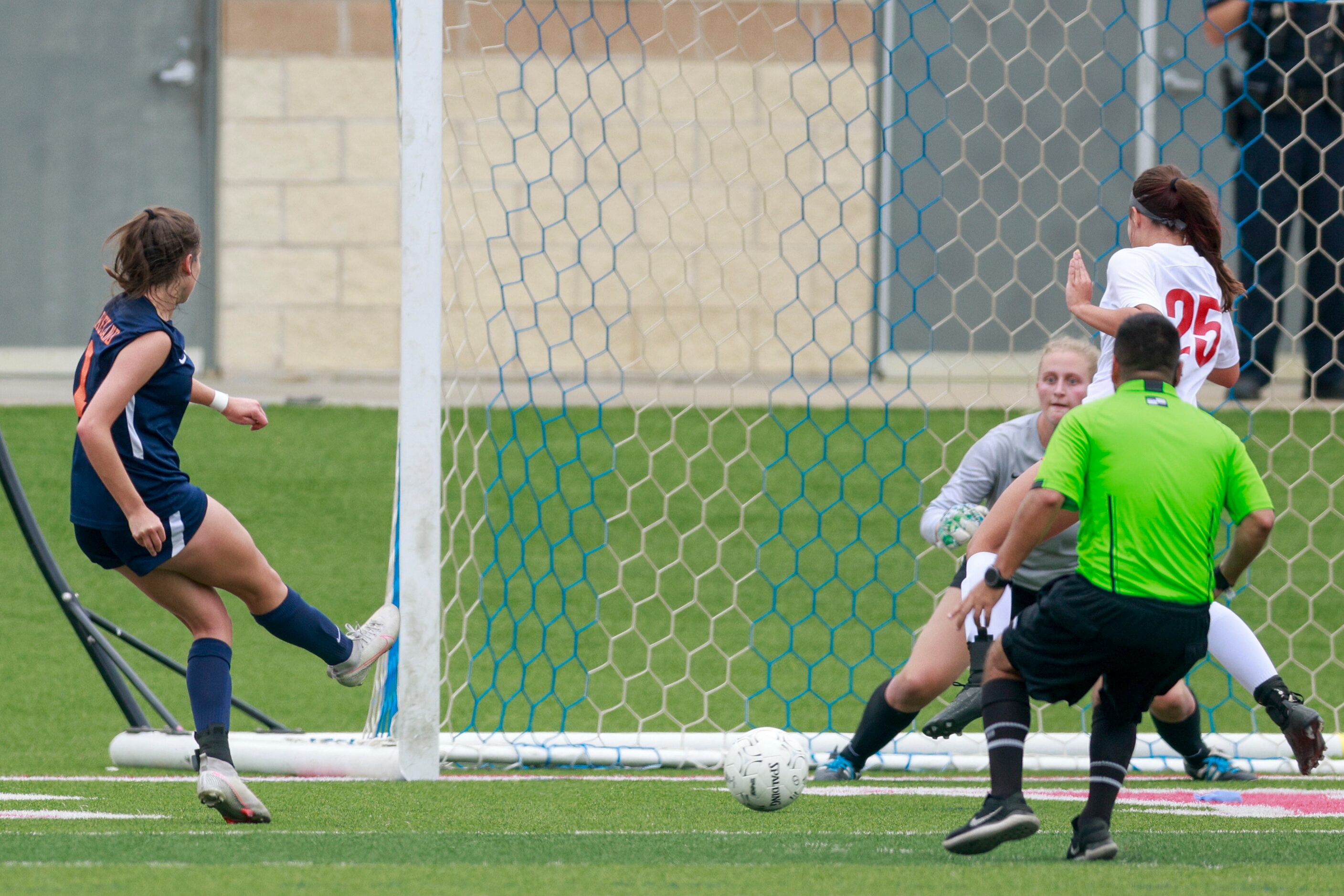 Frisco Wakeland forward Cori Cochran (1) scores a goal during the second half of the Class...