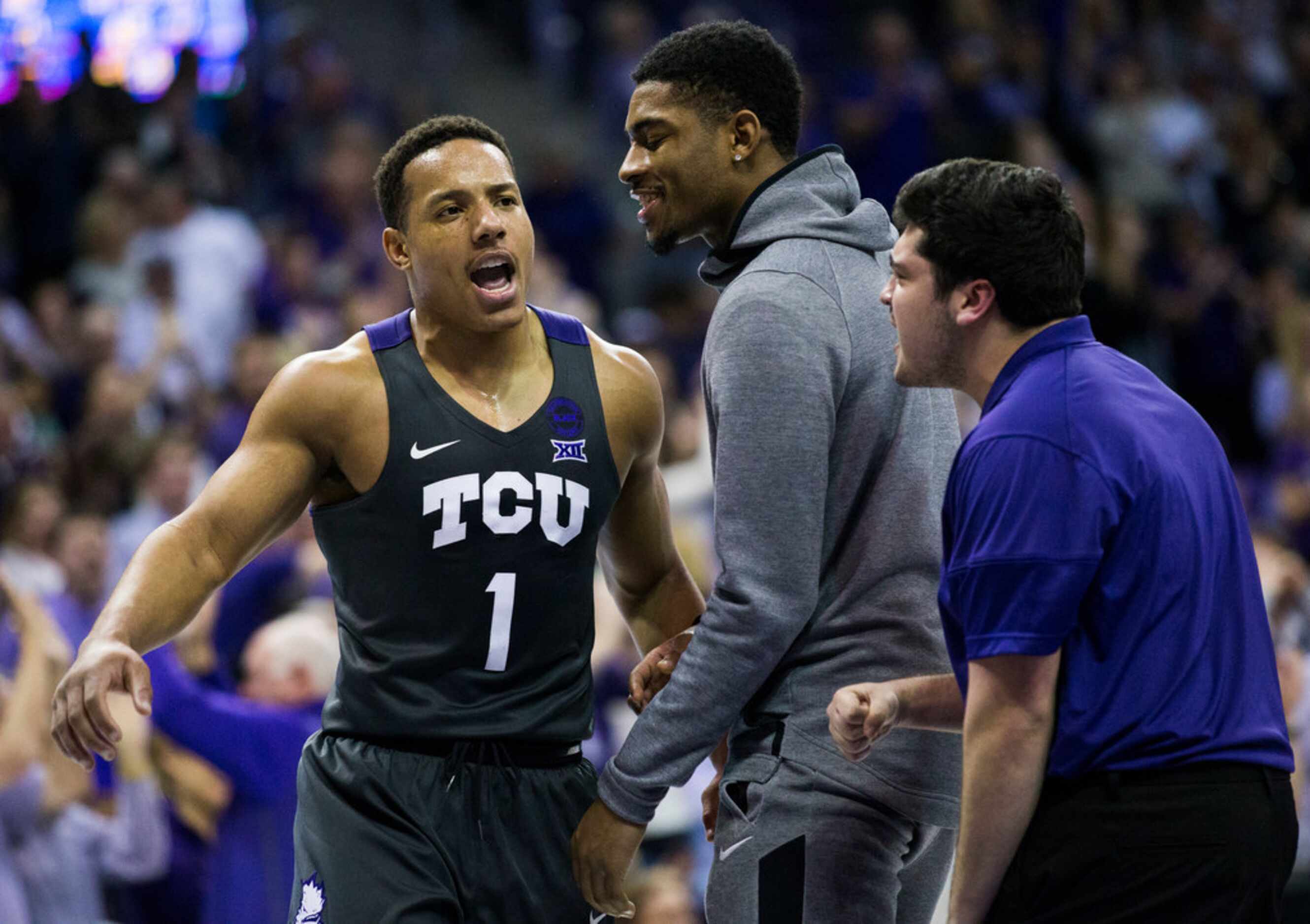 TCU Horned Frogs guard Desmond Bane (1) celebrates after a point during the second half of...