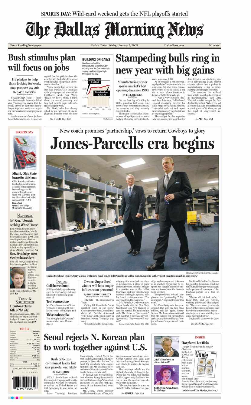 Front page Jan. 3, 2003. 'Jones- Parcells era begins.'