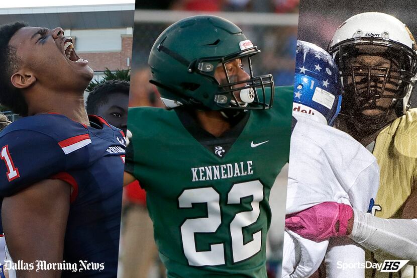 From left to right: Denton Ryan's Ja'Tavion Sanders, Kennedale's JD Coffey and South Oak...
