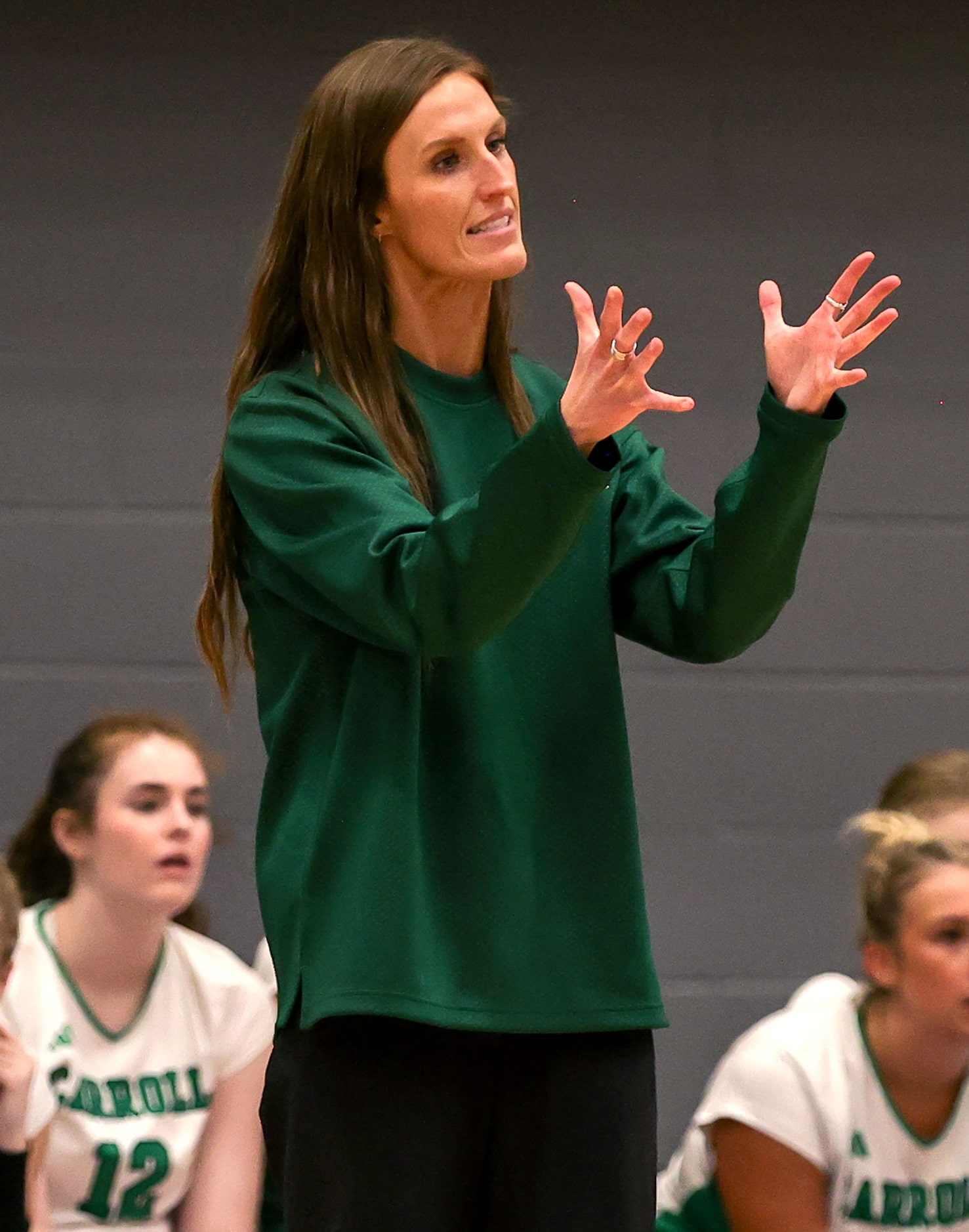 Southlake Carroll head coach Leslie Jackson tries to instruct her team against Hebron during...