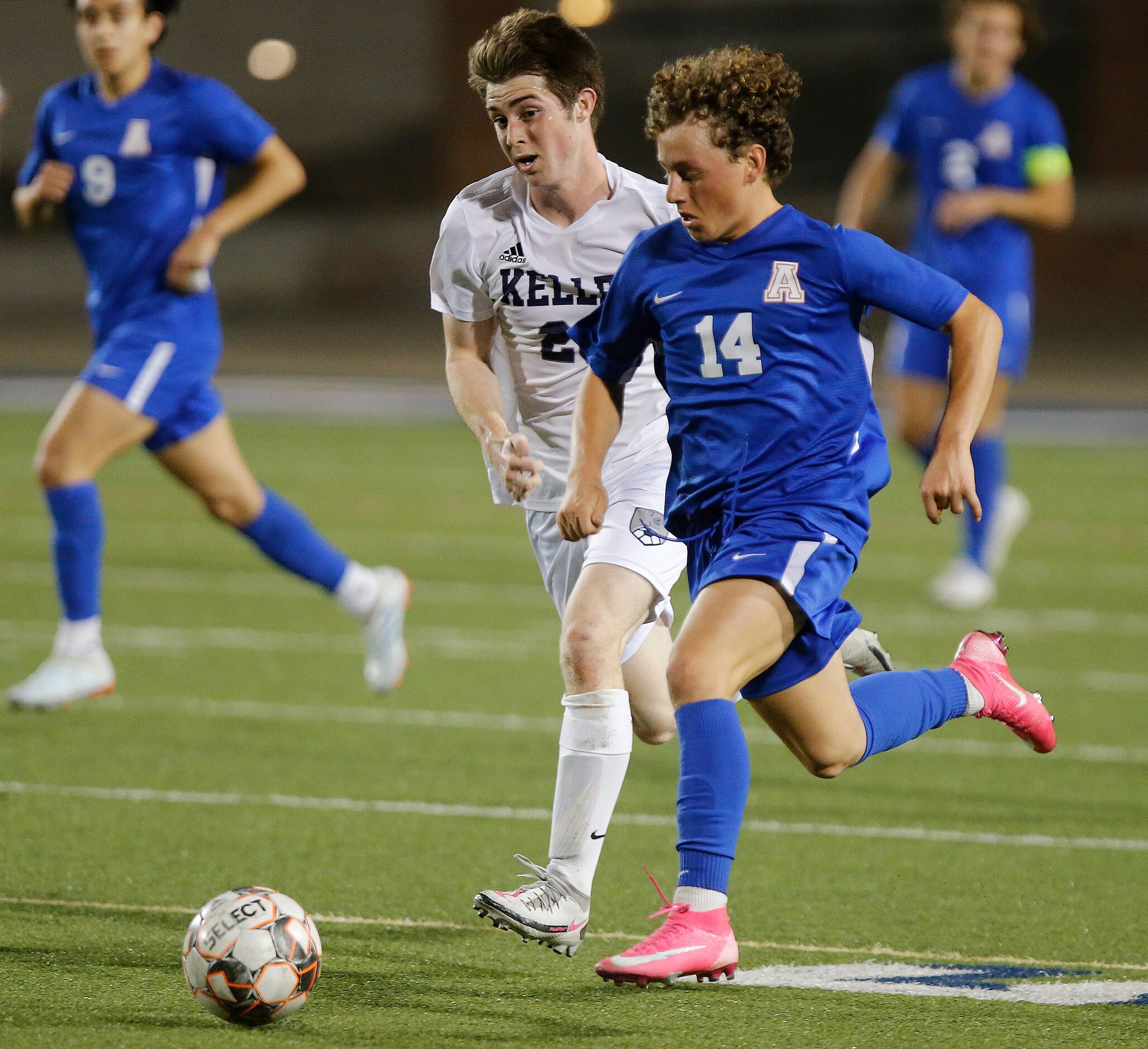 Allen midfielder Matthew Sanchez (14) breaks away from Keller defender Britton Majure (20)...