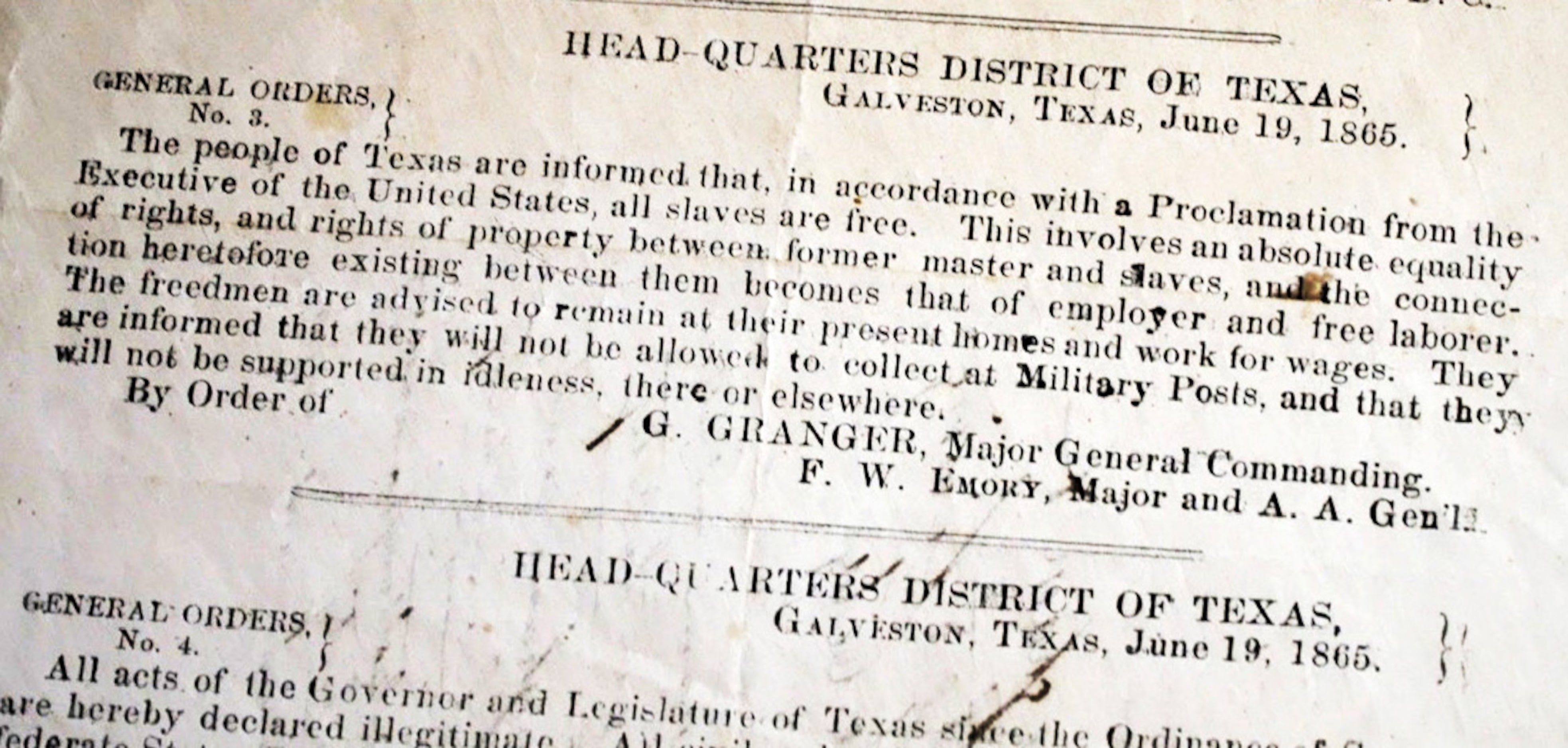 The Juneteenth proclamation from 1865 noted the end of slavery in Texas and is kept at the...