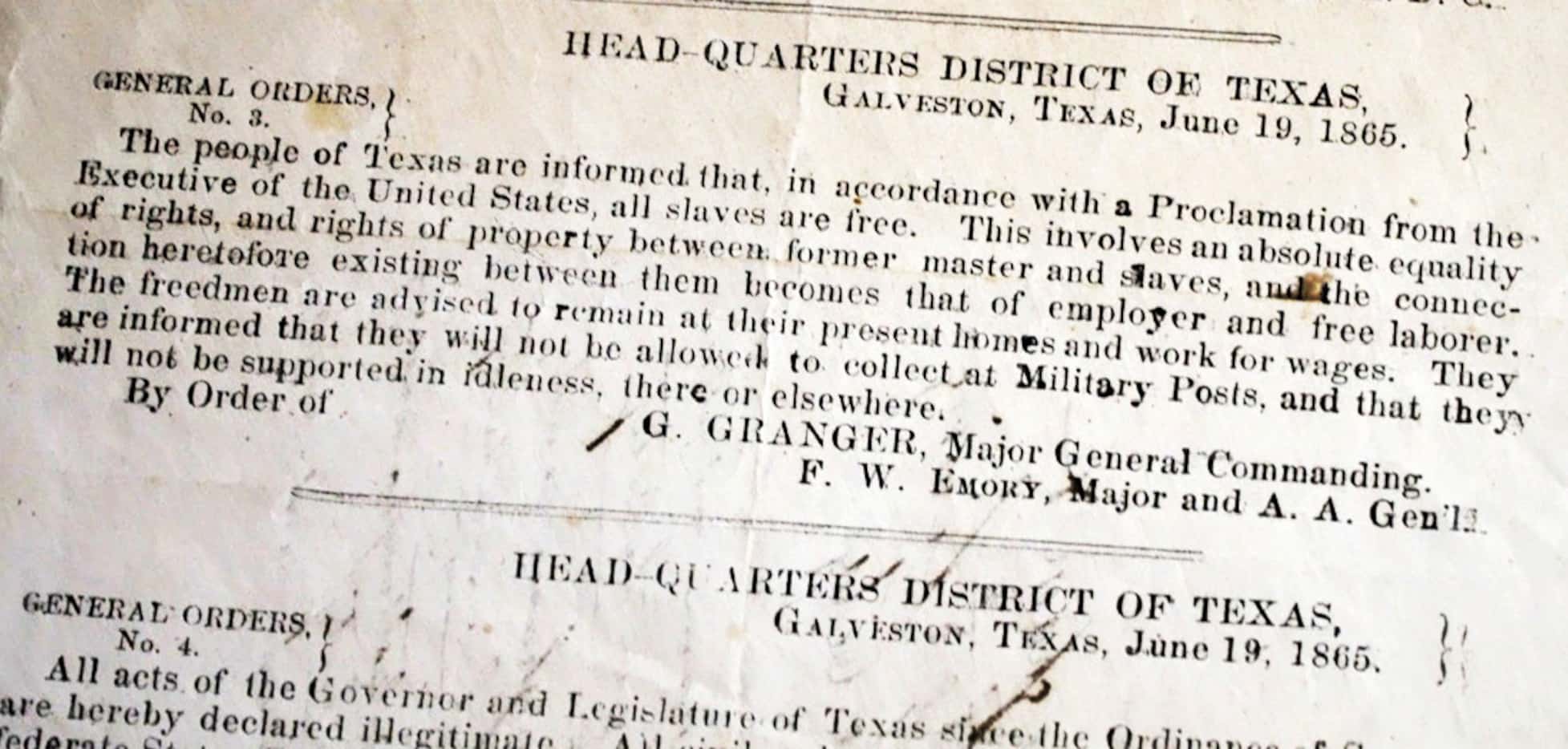 The Juneteenth proclamation from 1865 noted the end of slavery in Texas and is kept at the...