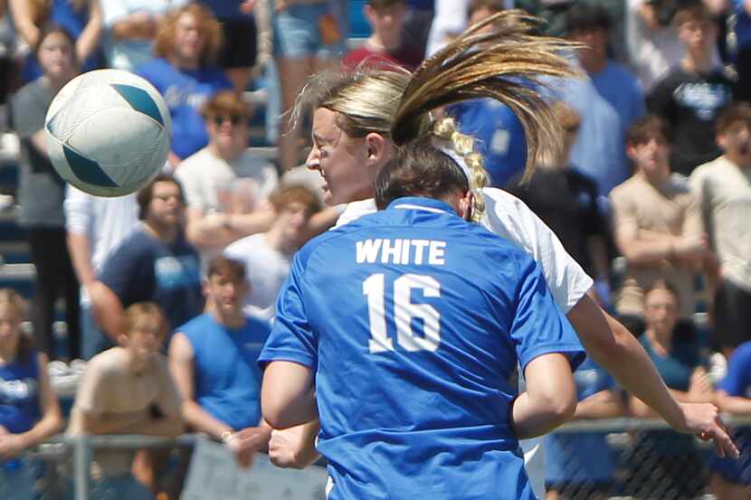 Frisco's Lexi Lee (10) heads an in bound pass into the net past the defense of Georgetown...